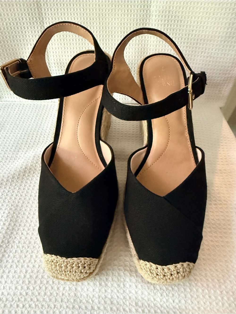Time and Tru Black Espadrille Wedge Sandals with Ankle Strap